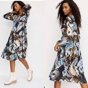 Anthropologie Blue and Brown Patterned Long Sleeve Dress